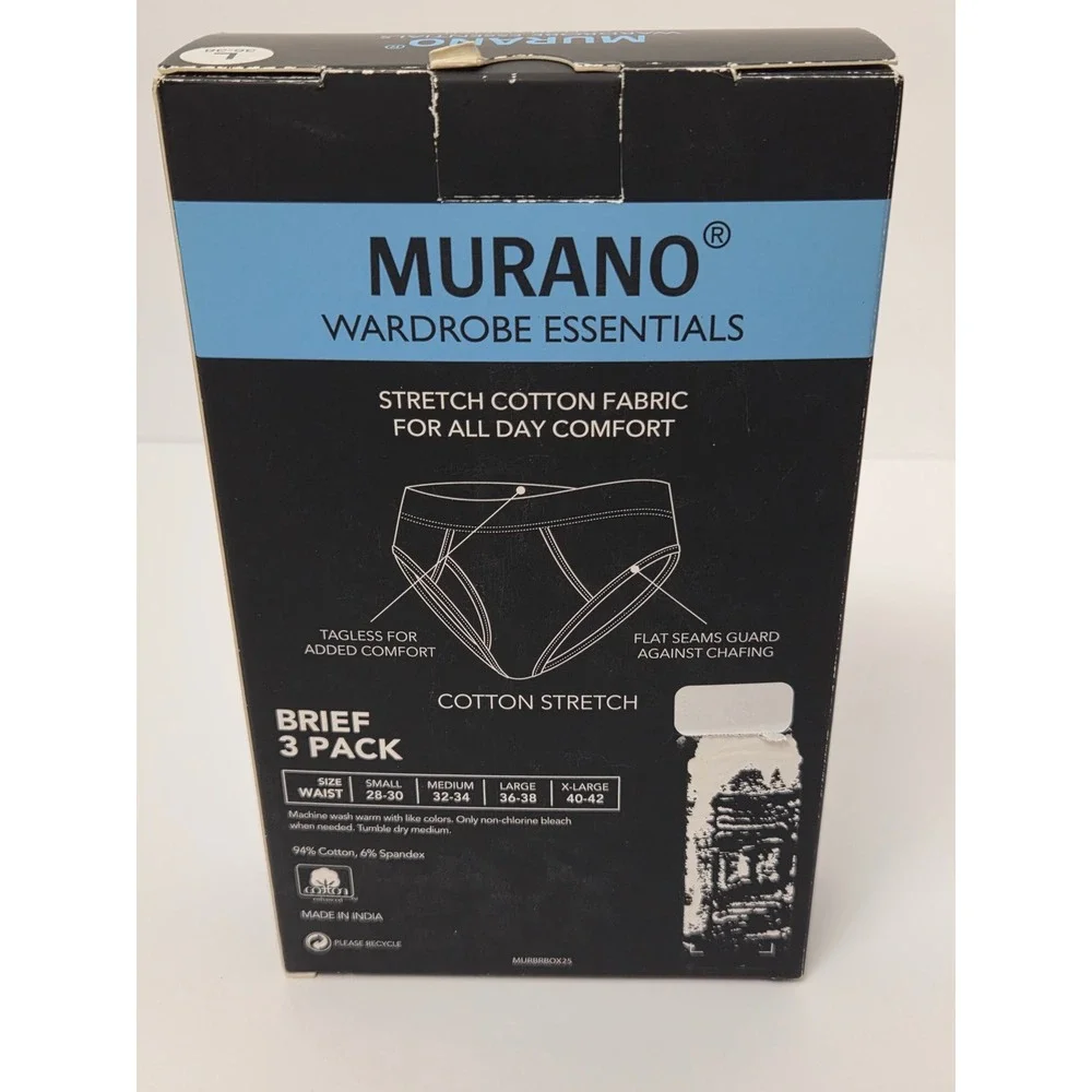 Murano 3 pack Cotton Stretch Brief White Size Large 36-38 Tagless Underwear